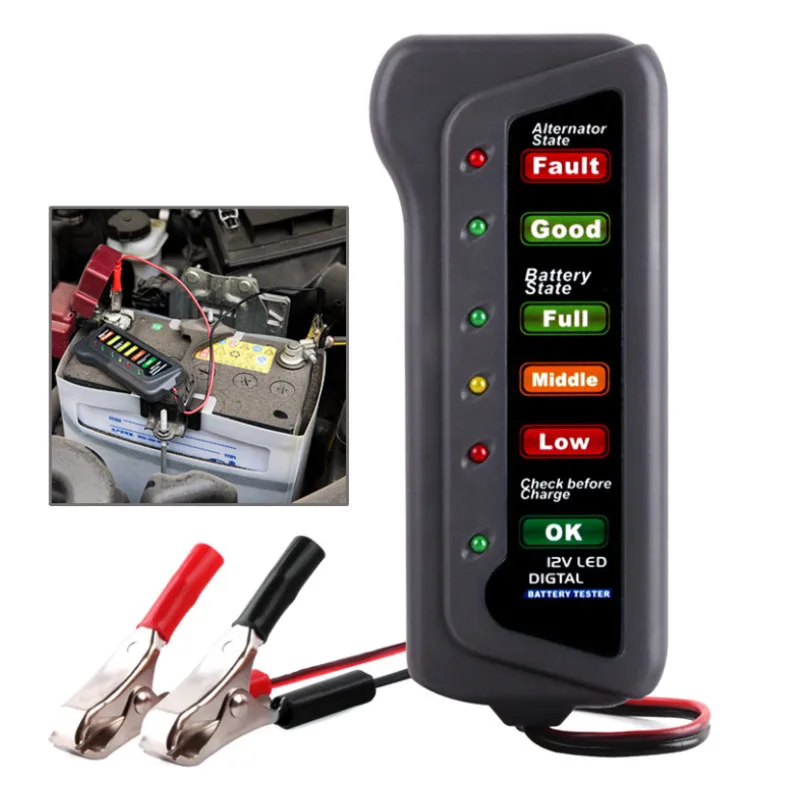 12V Car Battery Alternator Charge Test Tester With 6 LEDs Indicator Analyzer New